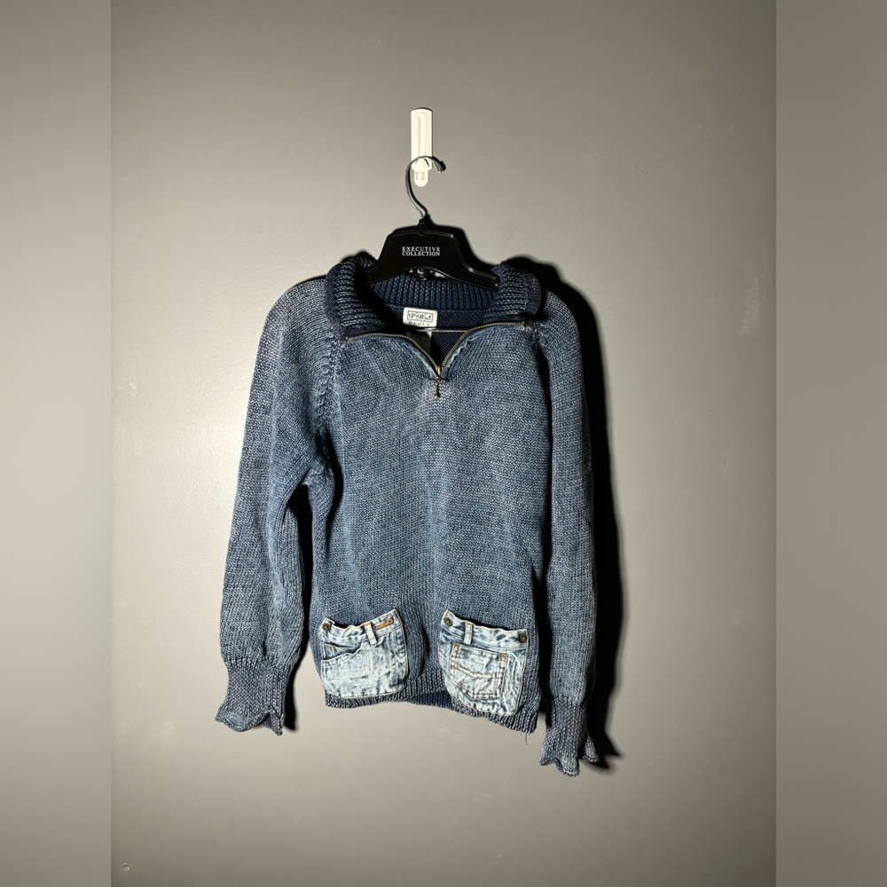 Vintage PBJ Blues Knit 1/4 Zip Denim Details Pullover Size Large
